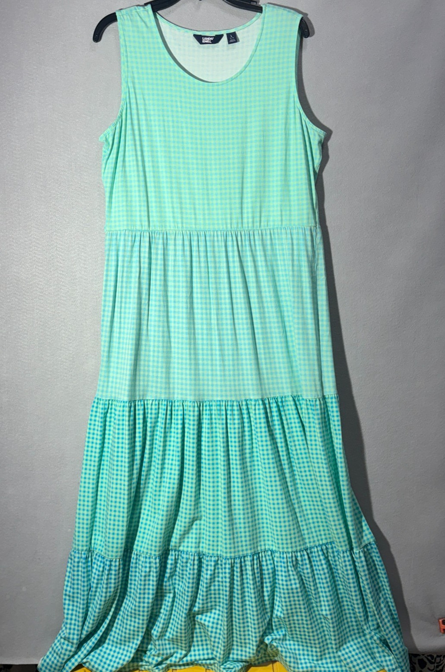 Lands End Womens Large L Gingham Tiered Maxi Dress Sleeveless Mint Green Ombre E